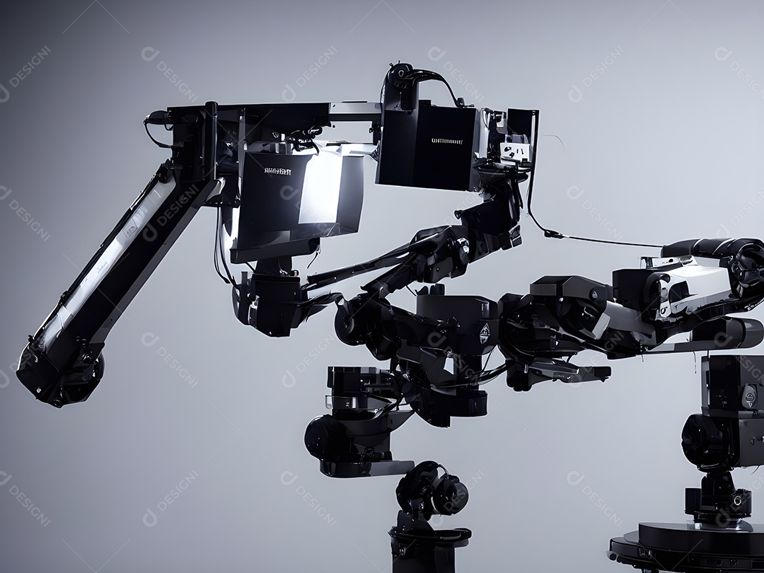 O braço robótico industrial moderno de alta tecnologia na linha de produção da fábrica está sendo soldado.