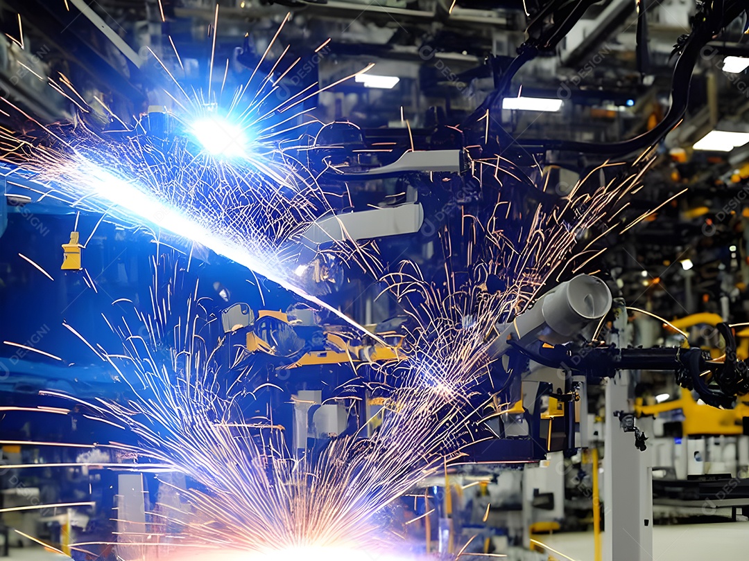 O braço robótico industrial moderno de alta tecnologia na linha de produção da fábrica está sendo soldado.