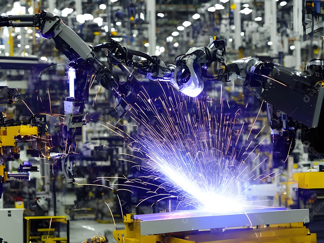 O braço robótico industrial moderno de alta tecnologia na linha de produção da fábrica está sendo soldado.