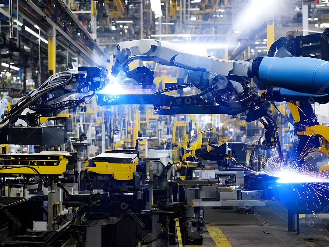 O braço robótico industrial moderno de alta tecnologia na linha de produção da fábrica está sendo soldado.