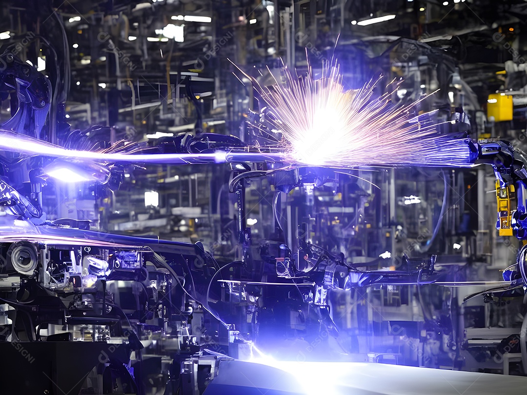 O braço robótico industrial moderno de alta tecnologia na linha de produção da fábrica está sendo soldado.