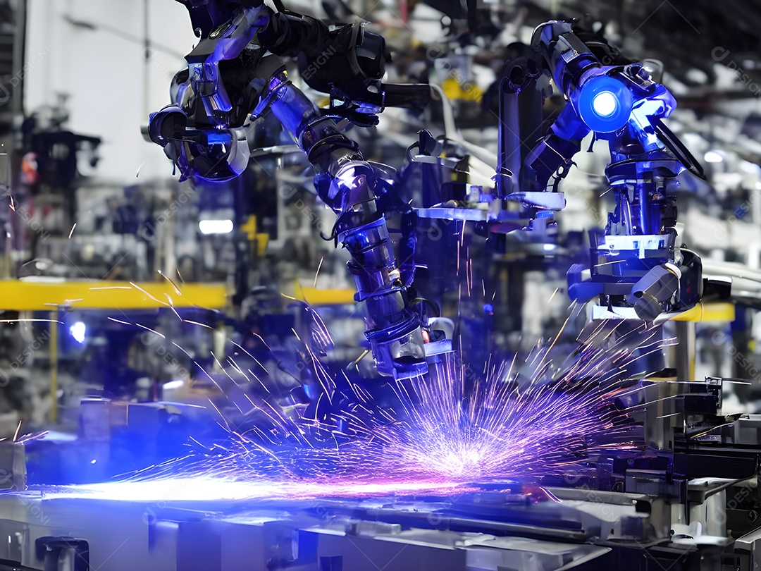 O braço robótico industrial moderno de alta tecnologia na linha de produção da fábrica está sendo soldado.
