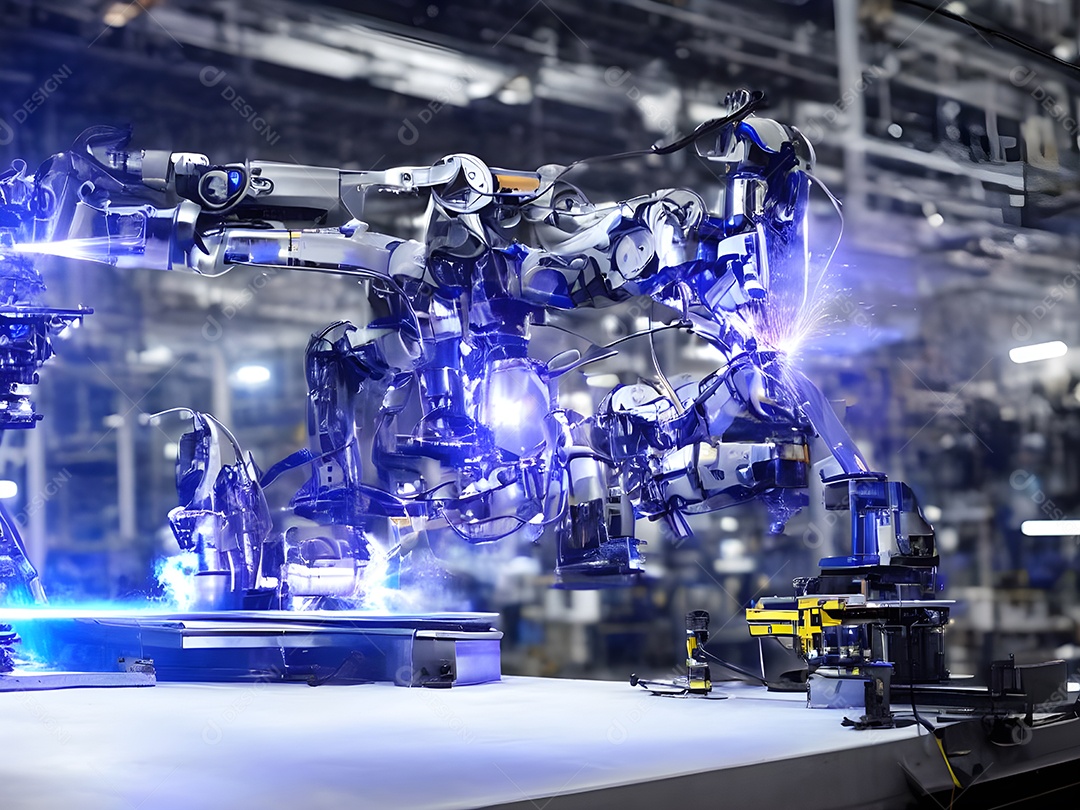 O braço robótico industrial moderno de alta tecnologia na linha de produção da fábrica está sendo soldado.