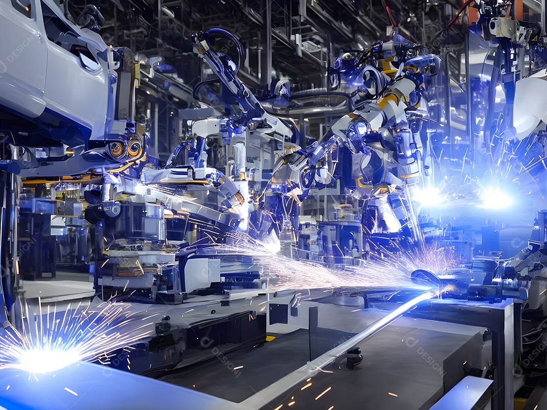 O braço robótico industrial moderno de alta tecnologia na linha de produção da fábrica está sendo soldado.