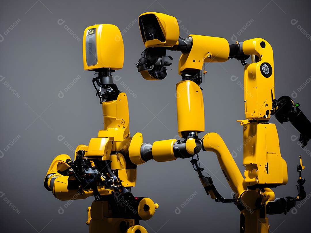 O braço robótico industrial moderno de alta tecnologia na linha de produção da fábrica está sendo soldado.