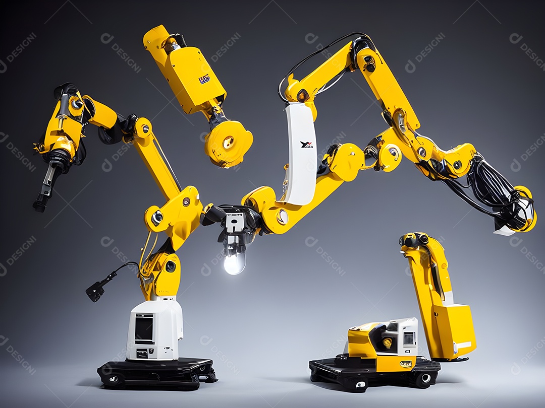 O braço robótico industrial moderno de alta tecnologia na linha de produção da fábrica está sendo soldado.