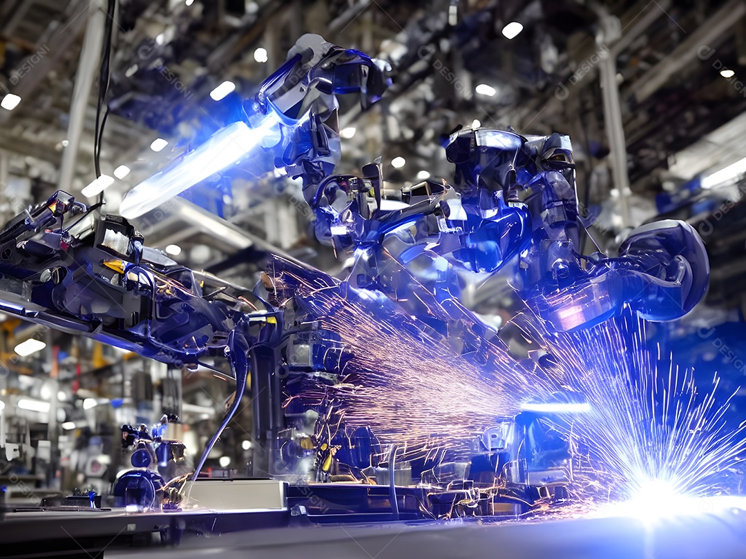 O braço robótico industrial moderno de alta tecnologia na linha de produção da fábrica está sendo soldado.