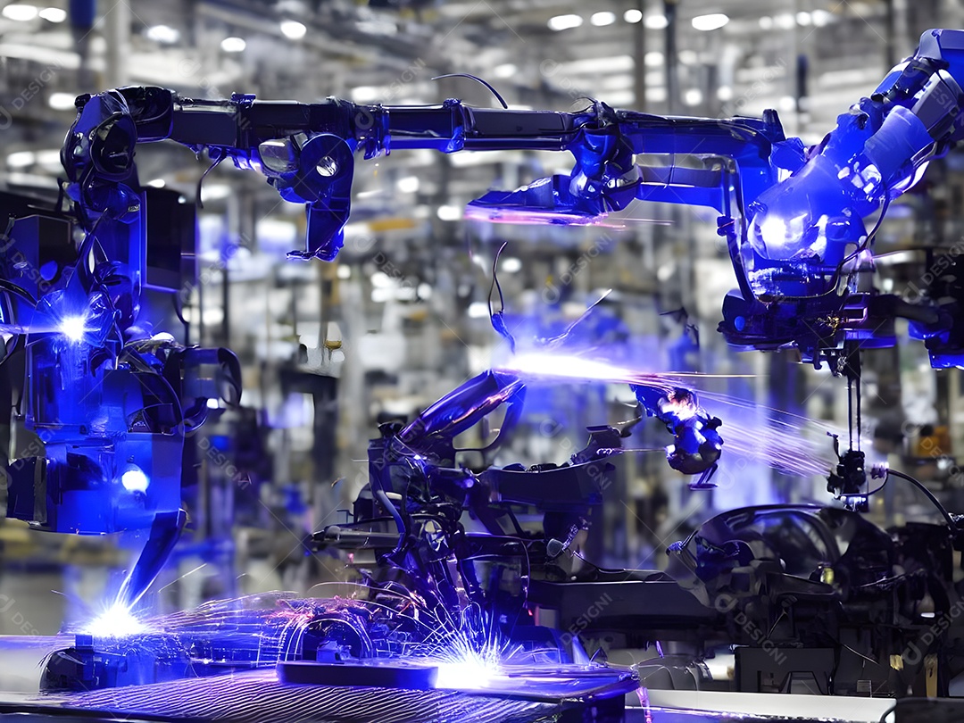 O braço robótico industrial moderno de alta tecnologia na linha de produção da fábrica está sendo soldado.