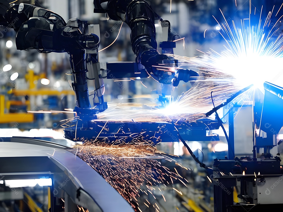 O braço robótico industrial moderno de alta tecnologia na linha de produção da fábrica está sendo soldado.