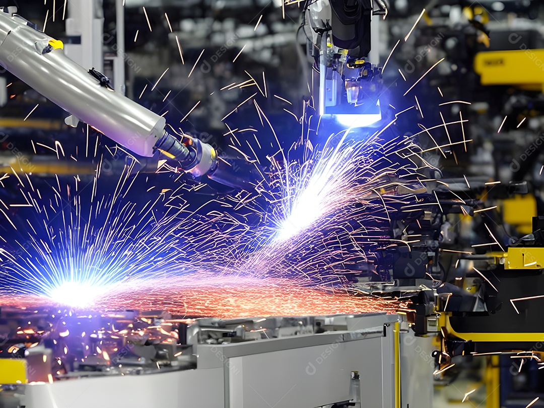 O braço robótico industrial moderno de alta tecnologia na linha de produção da fábrica está sendo soldado.