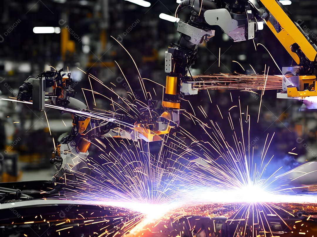 O braço robótico industrial moderno de alta tecnologia na linha de produção da fábrica está sendo soldado.