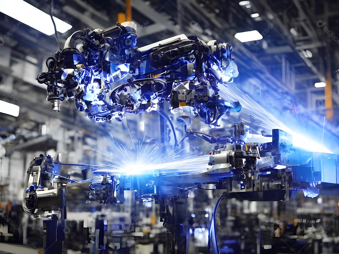 O braço robótico industrial moderno de alta tecnologia na linha de produção da fábrica está sendo soldado.