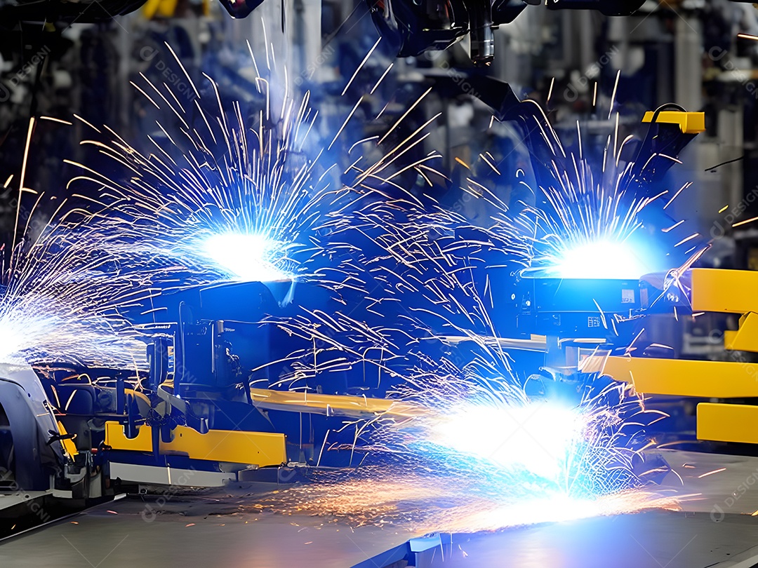 O braço robótico industrial moderno de alta tecnologia na linha de produção da fábrica está sendo soldado.