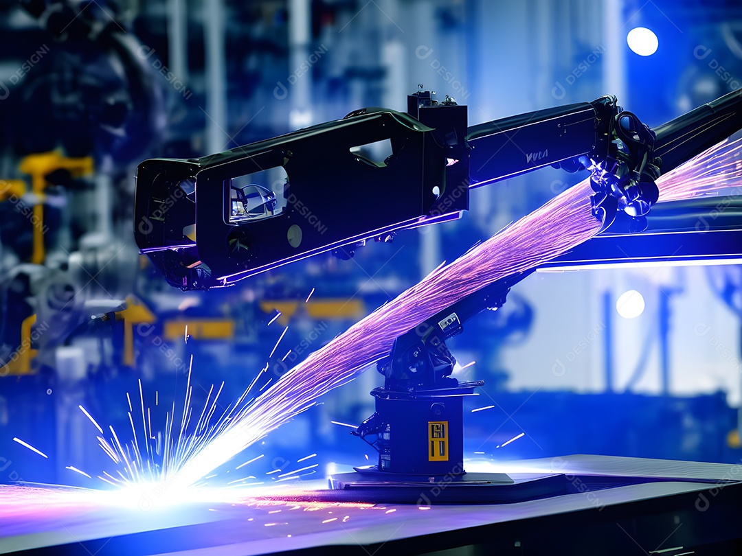 O braço robótico industrial moderno de alta tecnologia na linha de produção da fábrica está sendo soldado.