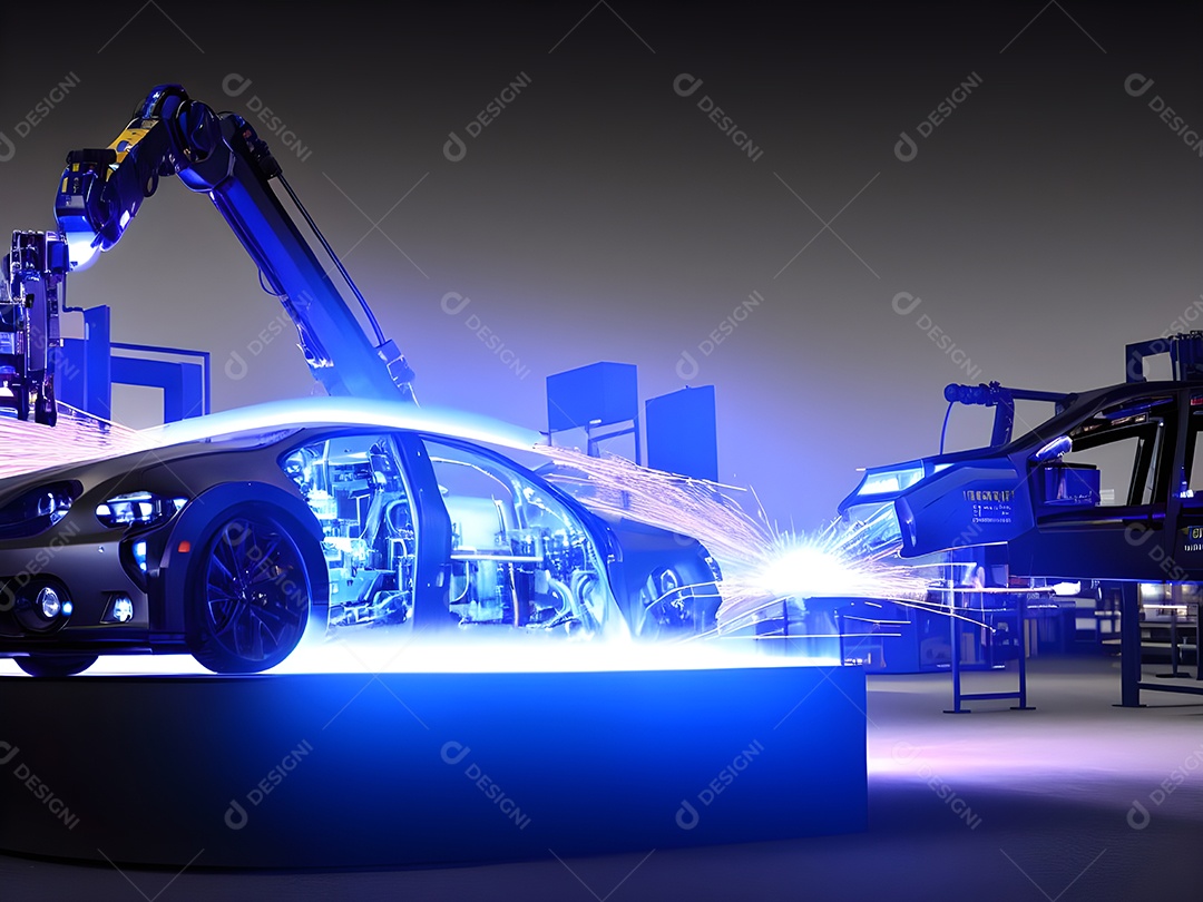 O braço robótico industrial moderno de alta tecnologia na linha de produção da fábrica está sendo soldado.