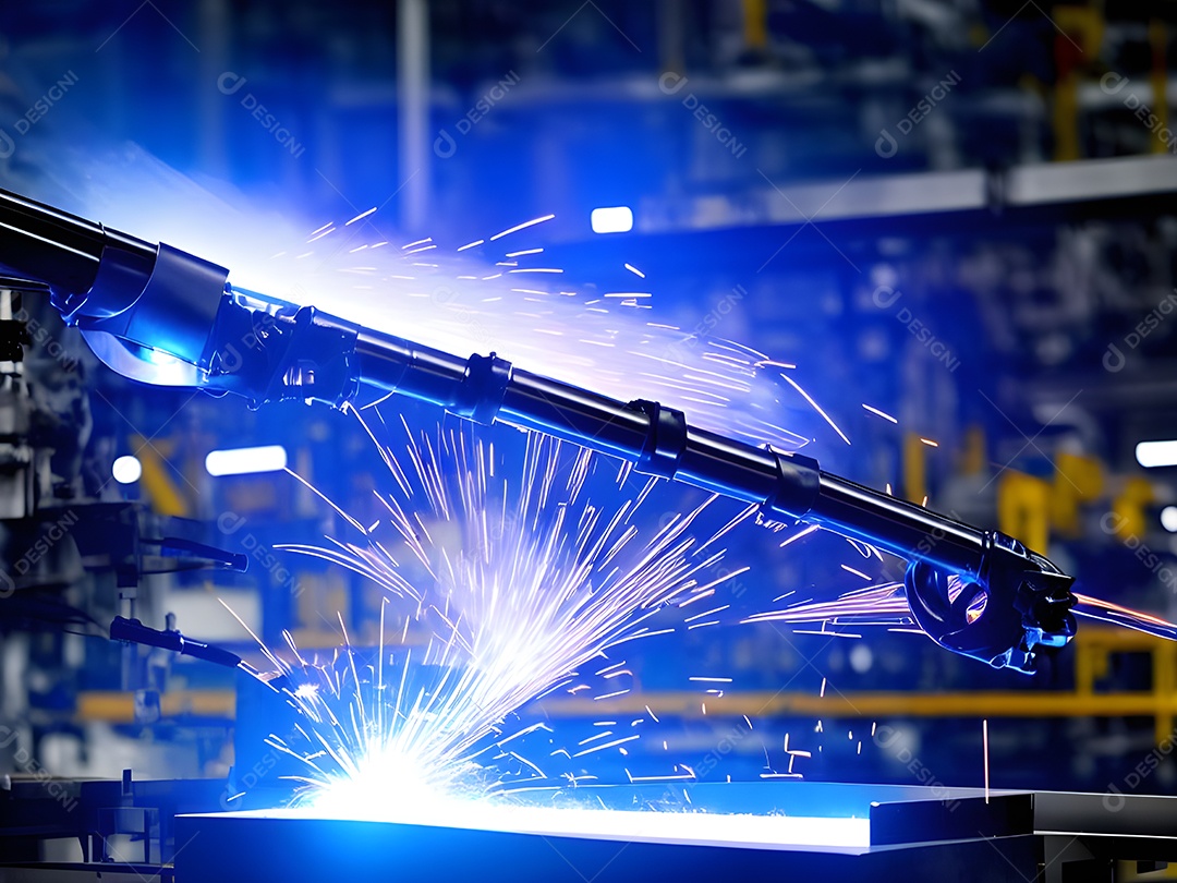 O braço robótico industrial moderno de alta tecnologia na linha de produção da fábrica está sendo soldado.