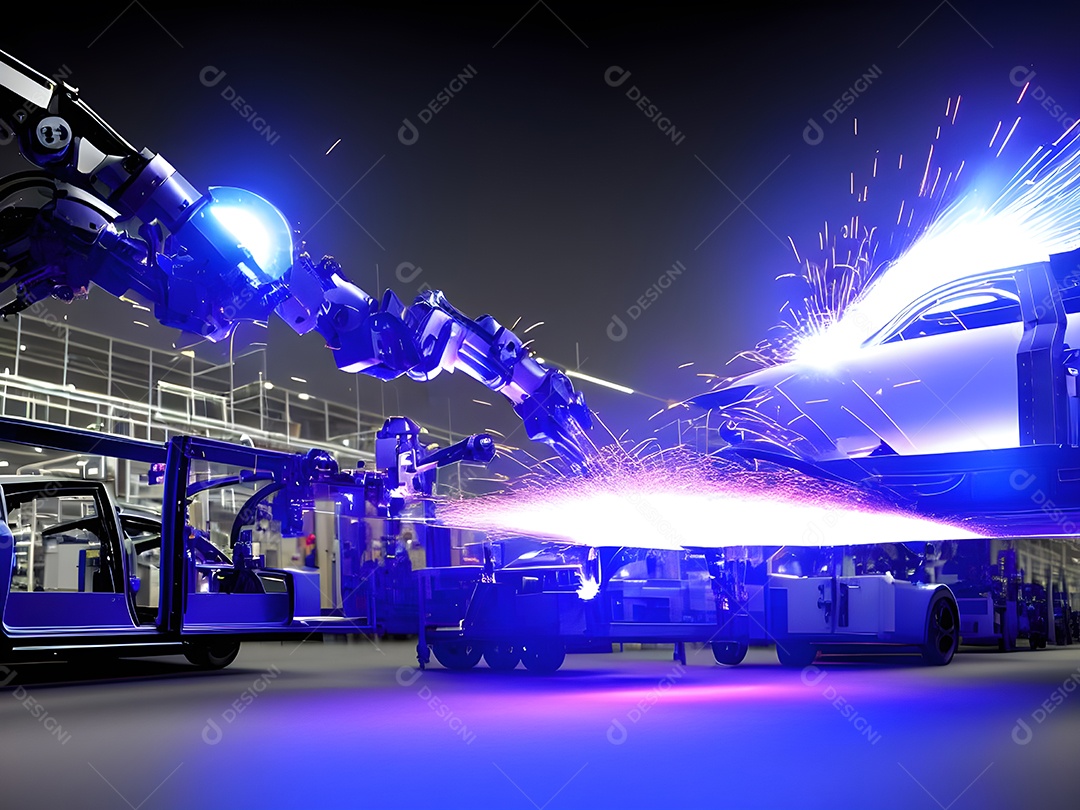 O braço robótico industrial moderno de alta tecnologia na linha de produção da fábrica está sendo soldado.