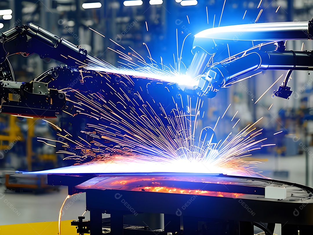 O braço robótico industrial moderno de alta tecnologia na linha de produção da fábrica está sendo soldado.