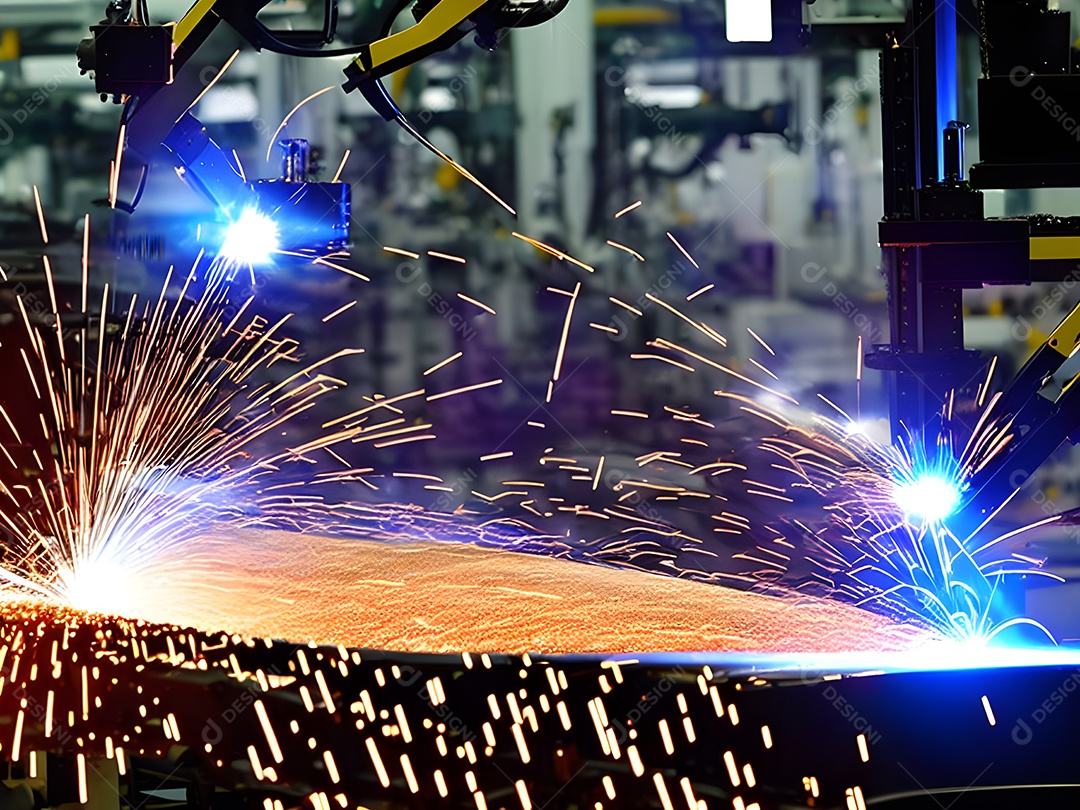 O braço robótico industrial moderno de alta tecnologia na linha de produção da fábrica está sendo soldado.