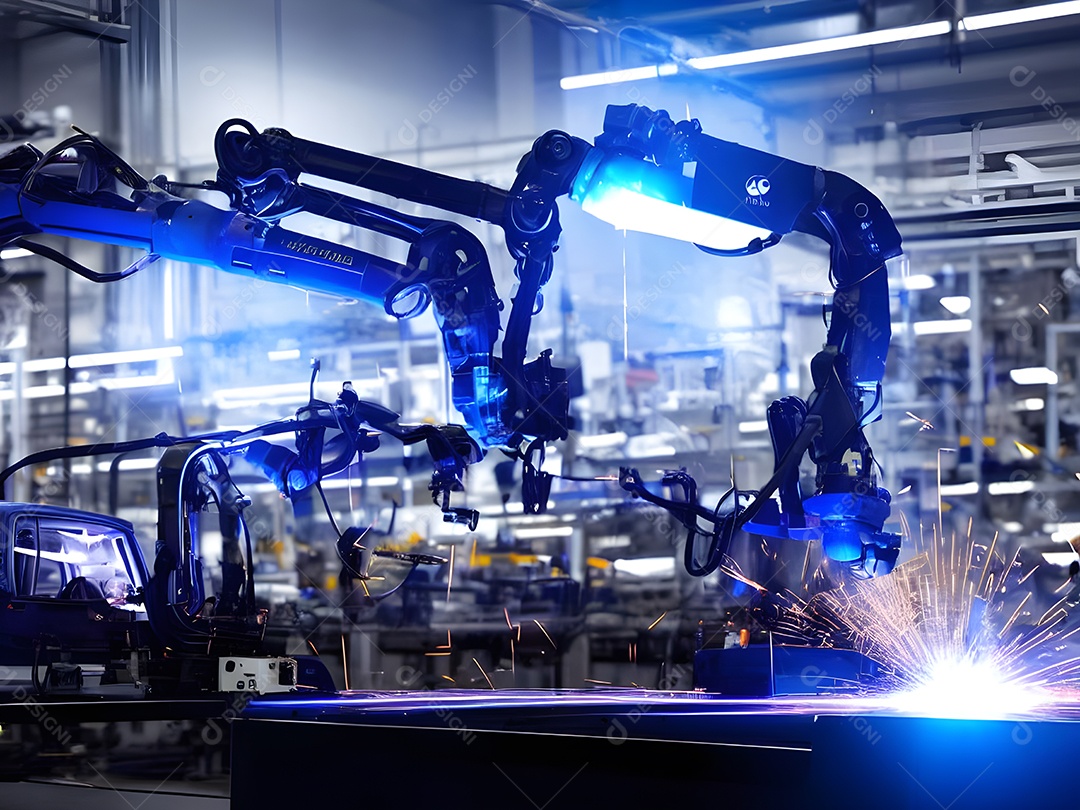 O braço robótico industrial moderno de alta tecnologia na linha de produção da fábrica está sendo soldado.