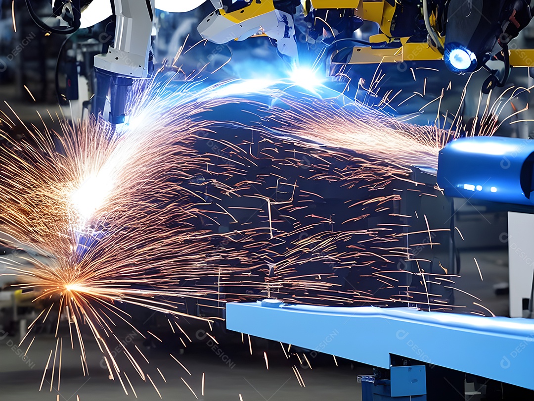 O braço robótico industrial moderno de alta tecnologia na linha de produção da fábrica está sendo soldado.