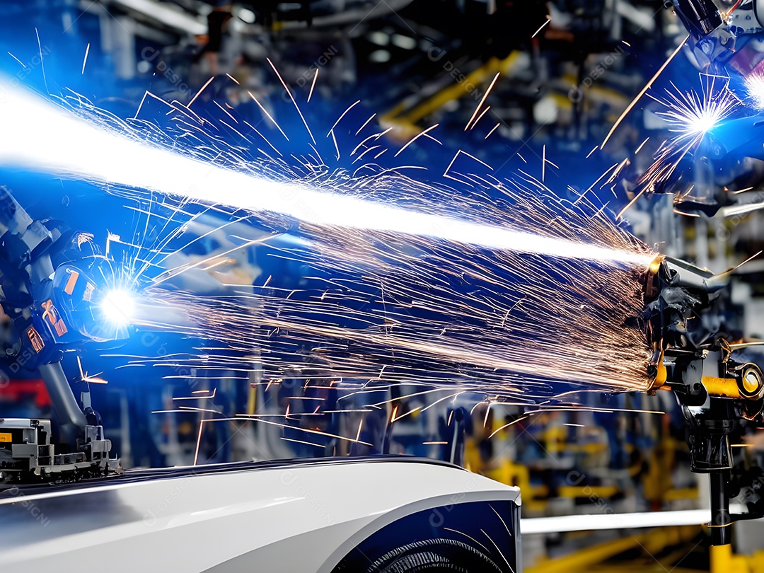 O braço robótico industrial moderno de alta tecnologia na linha de produção da fábrica está sendo soldado.