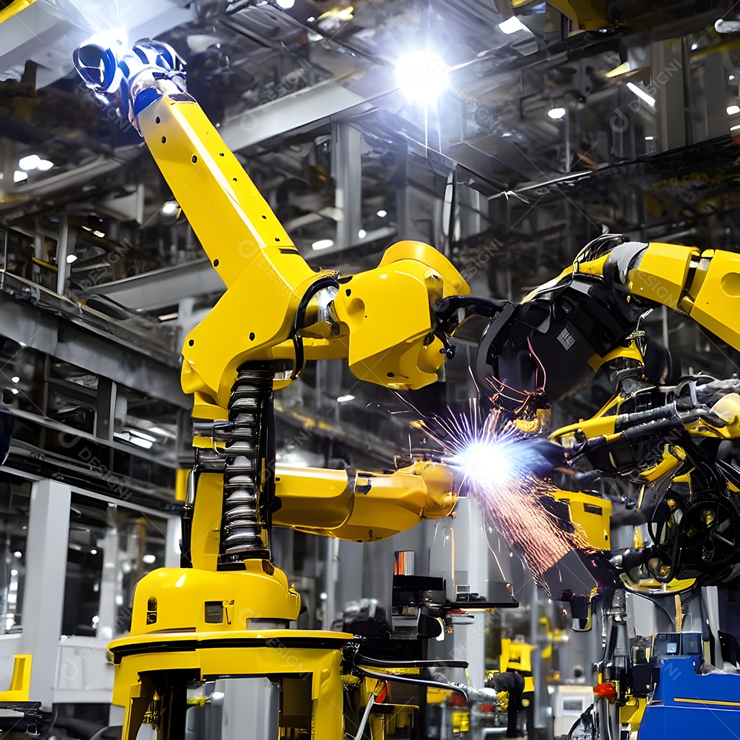 O braço robótico industrial moderno de alta tecnologia na linha de produção da fábrica está sendo soldado.