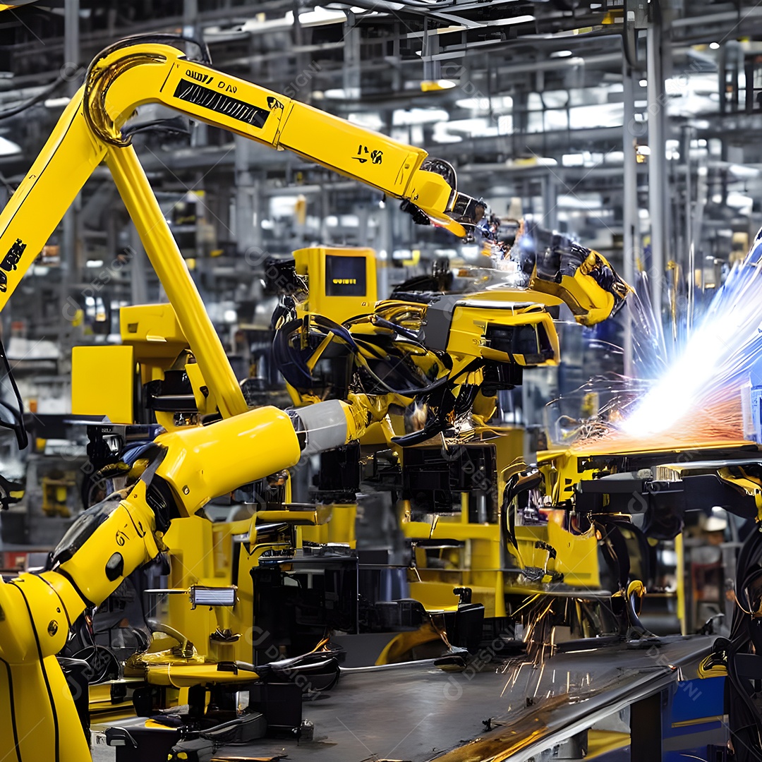 O braço robótico industrial moderno de alta tecnologia na linha de produção da fábrica está sendo soldado.