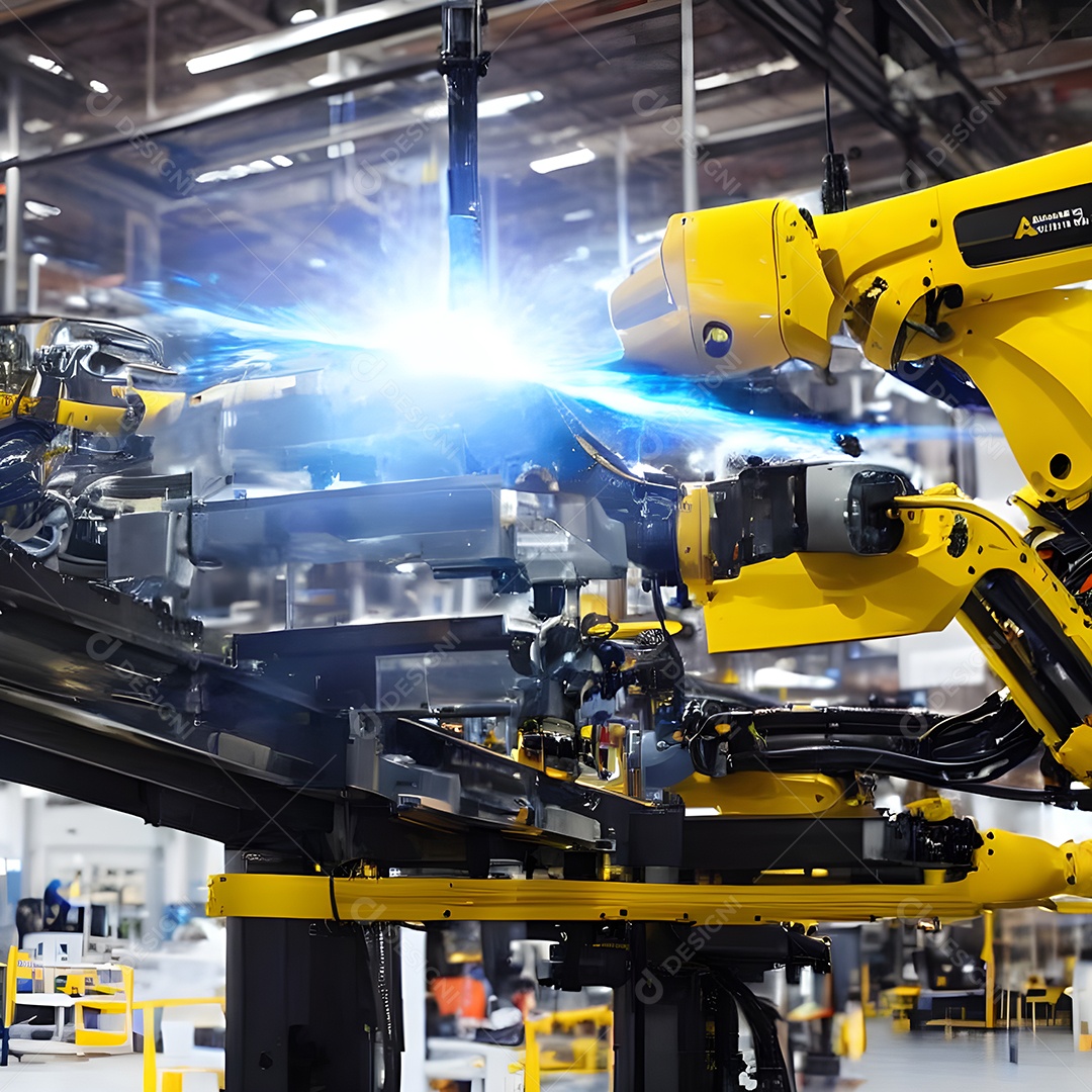 O braço robótico industrial moderno de alta tecnologia na linha de produção da fábrica está sendo soldado.