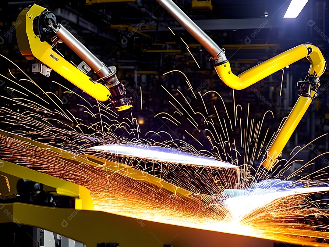 O braço robótico industrial moderno de alta tecnologia na linha de produção da fábrica está sendo soldado.