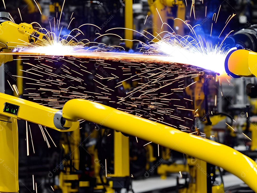 O braço robótico industrial moderno de alta tecnologia na linha de produção da fábrica está sendo soldado.