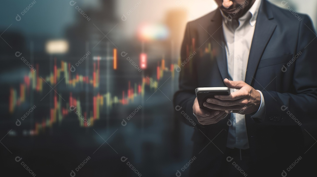 Homem segurando o smartphone na mão gráfico de ações.