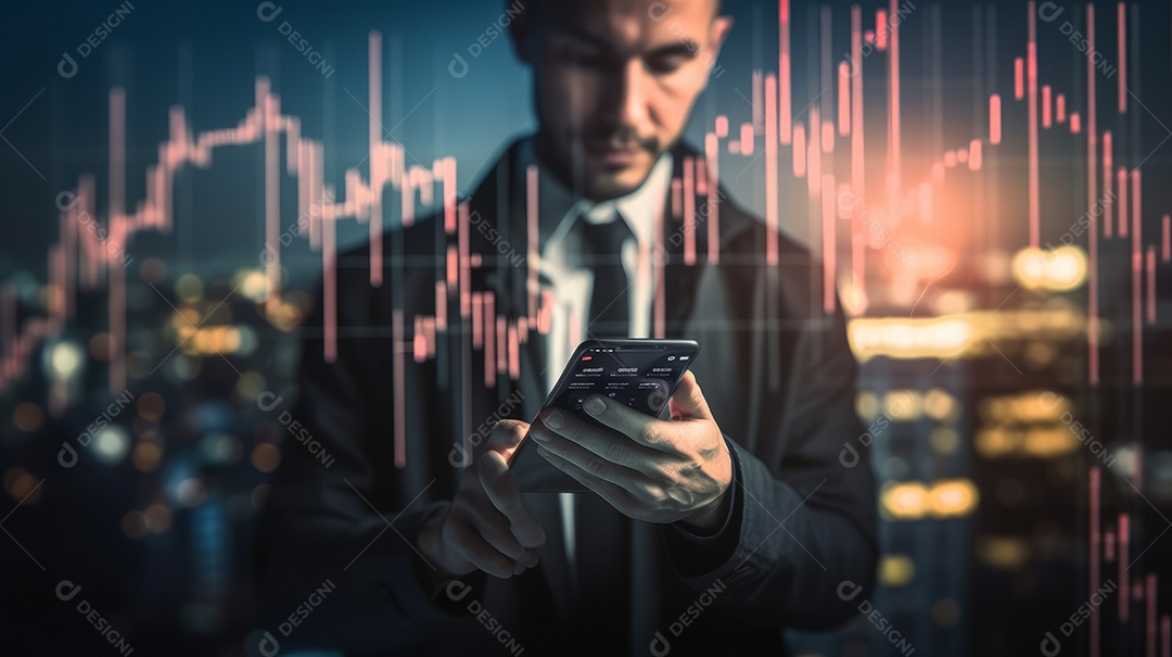 Homem segurando o smartphone na mão gráfico de ações.