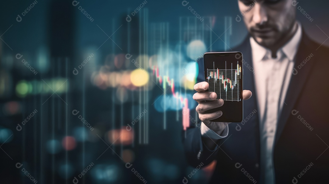 Homem segurando o smartphone na mão gráfico de ações.