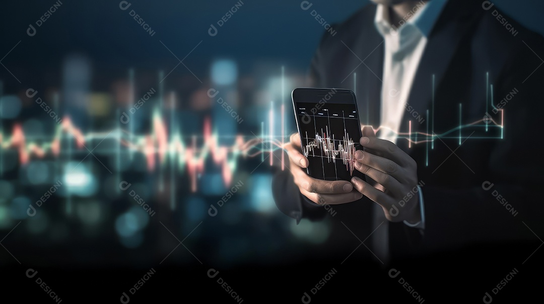 Homem segurando o smartphone na mão gráfico de ações.