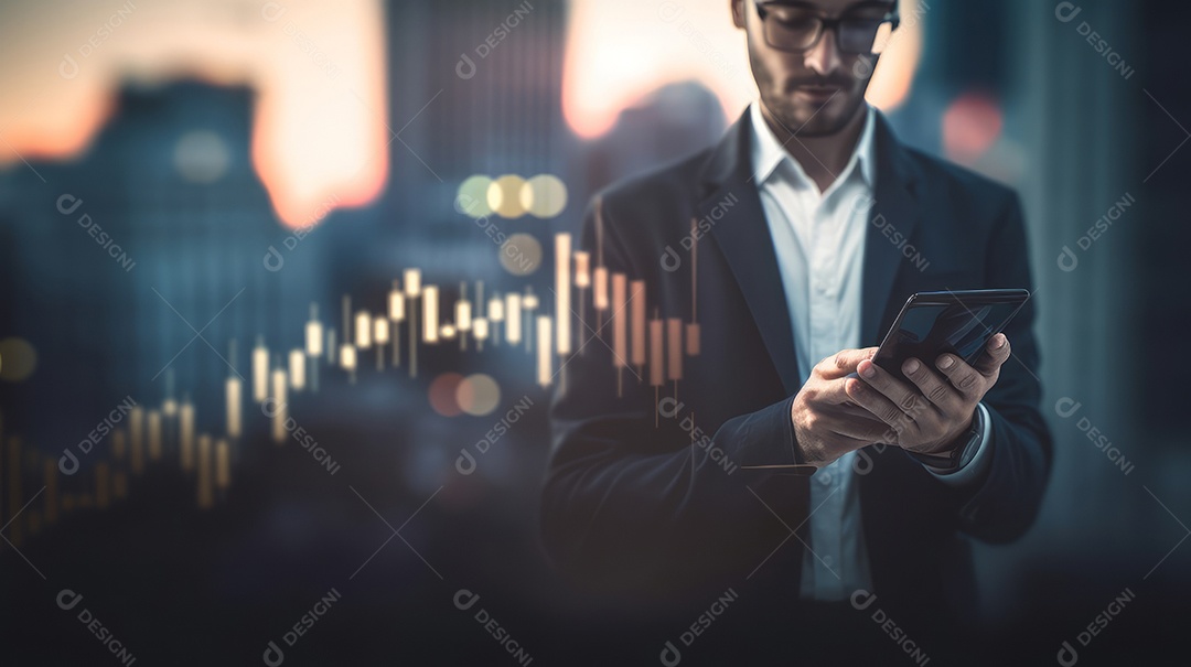 Homem segurando o smartphone na mão gráfico de ações.