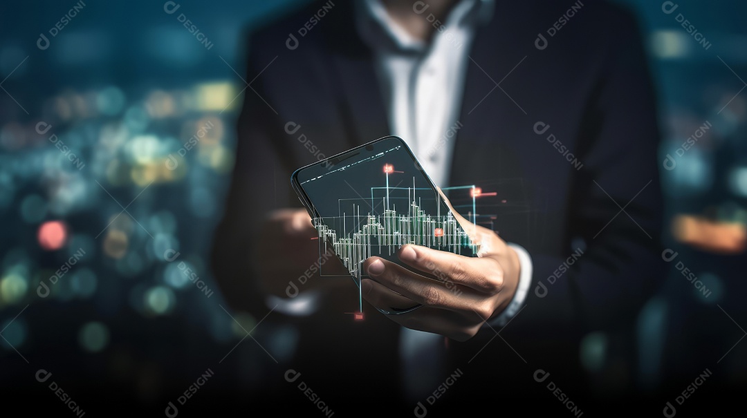 Homem segurando o smartphone na mão gráfico de ações.
