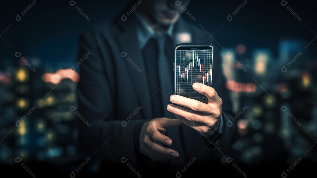 Homem segurando o smartphone na mão gráfico de ações.