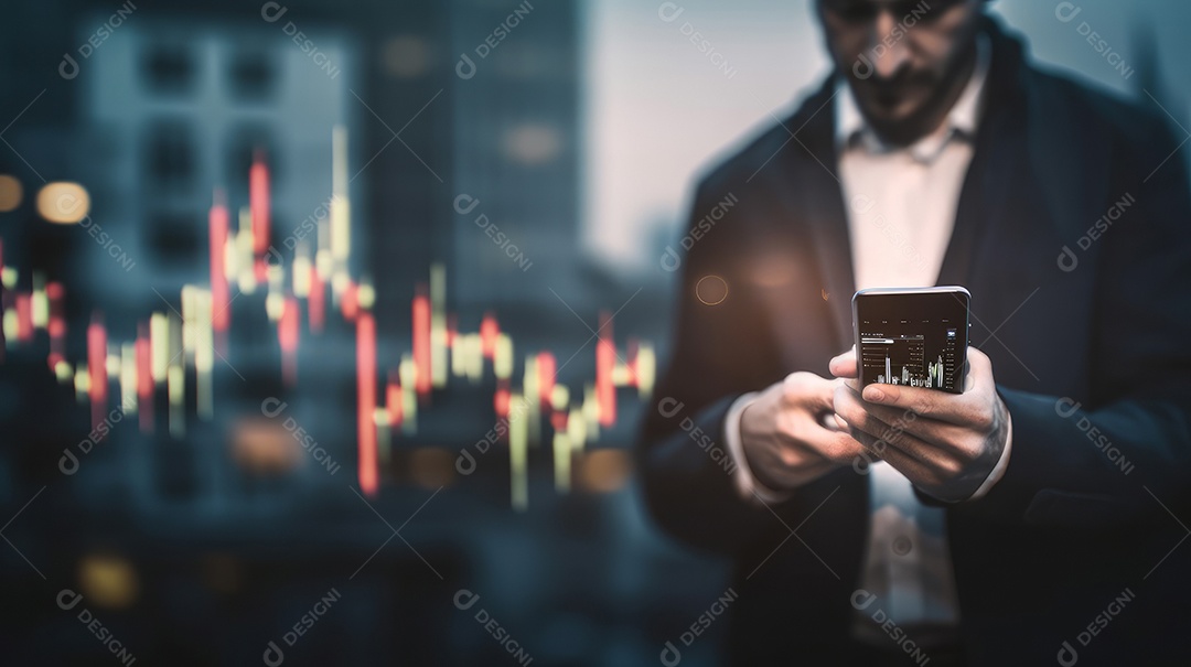 Homem segurando o smartphone na mão gráfico de ações.
