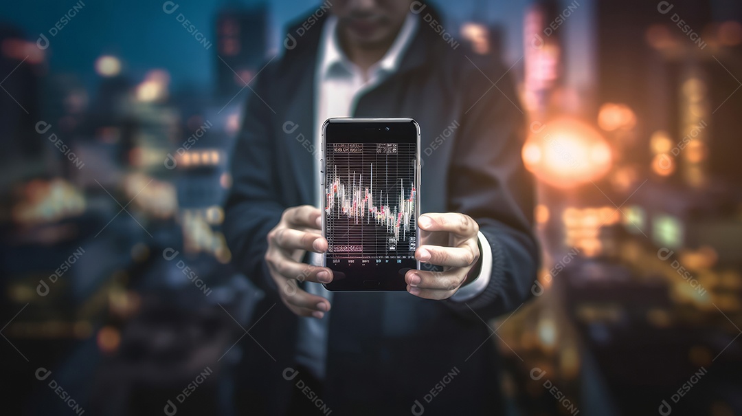 Homem segurando o smartphone na mão gráfico de ações.