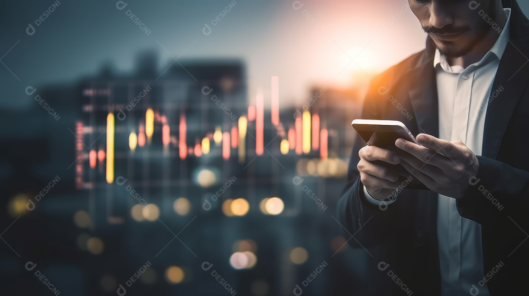 Homem segurando o smartphone na mão gráfico de ações.