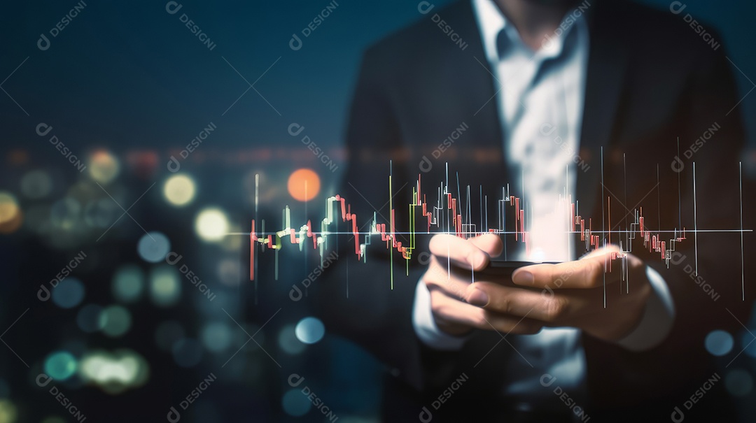 Homem segurando o smartphone na mão gráfico de ações.