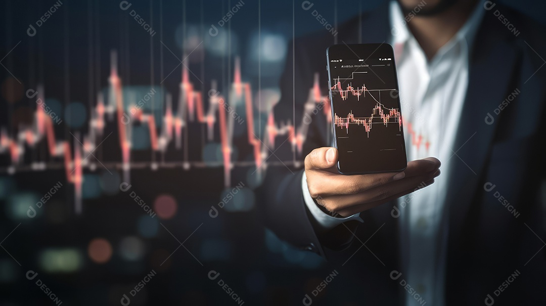 Homem segurando o smartphone na mão gráfico de ações.