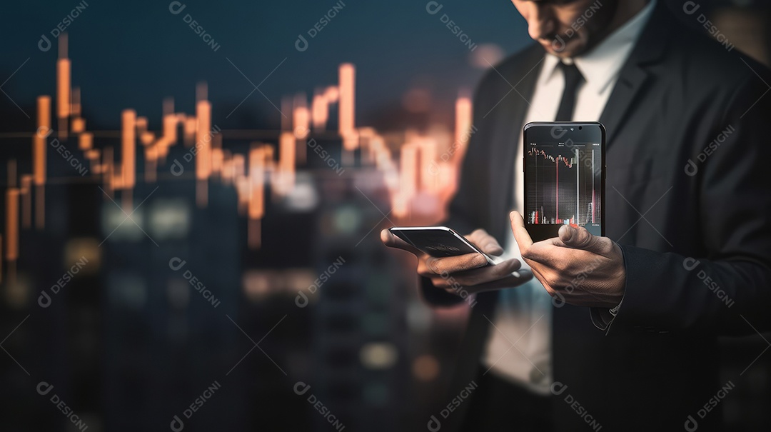 Homem segurando o smartphone na mão gráfico de ações.