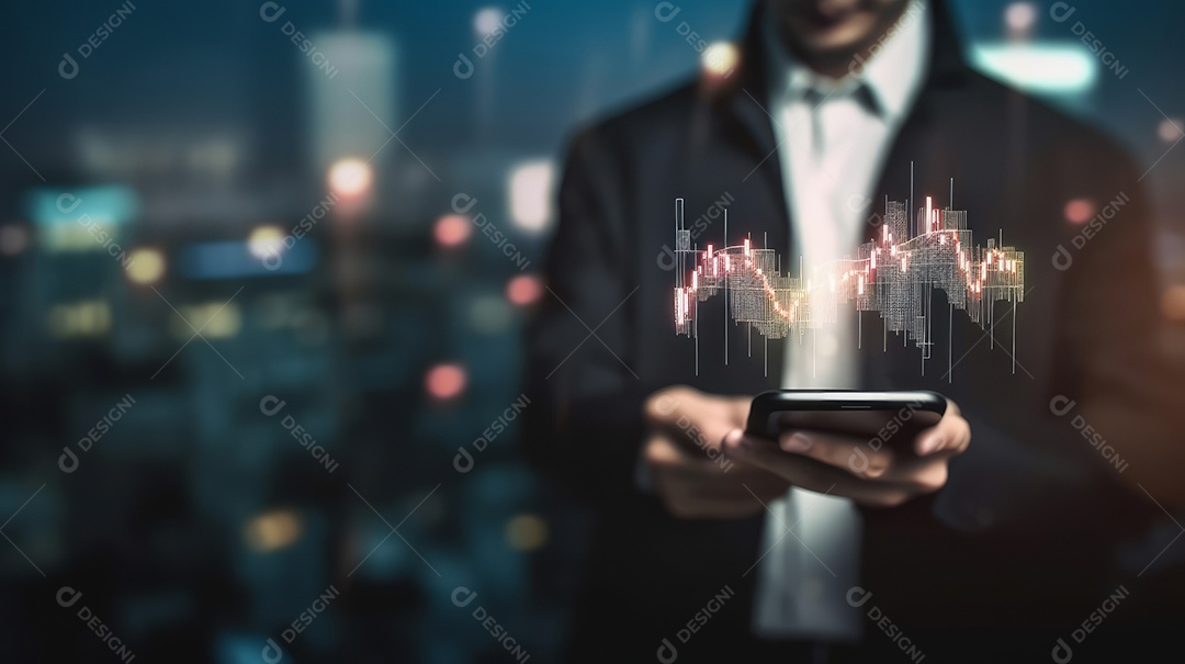 Homem segurando o smartphone na mão gráfico de ações.