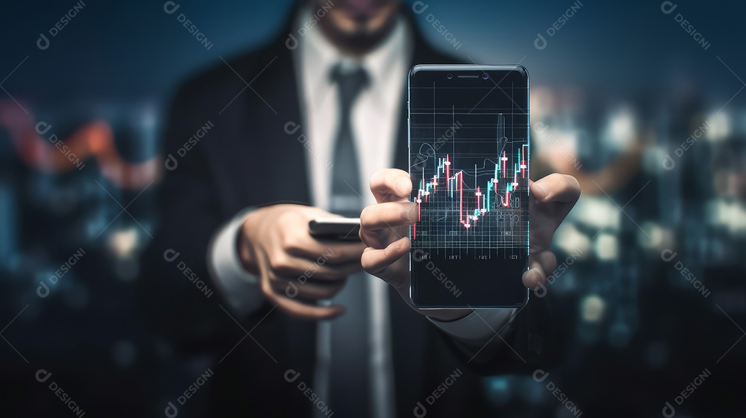 Homem segurando o smartphone na mão gráfico de ações.