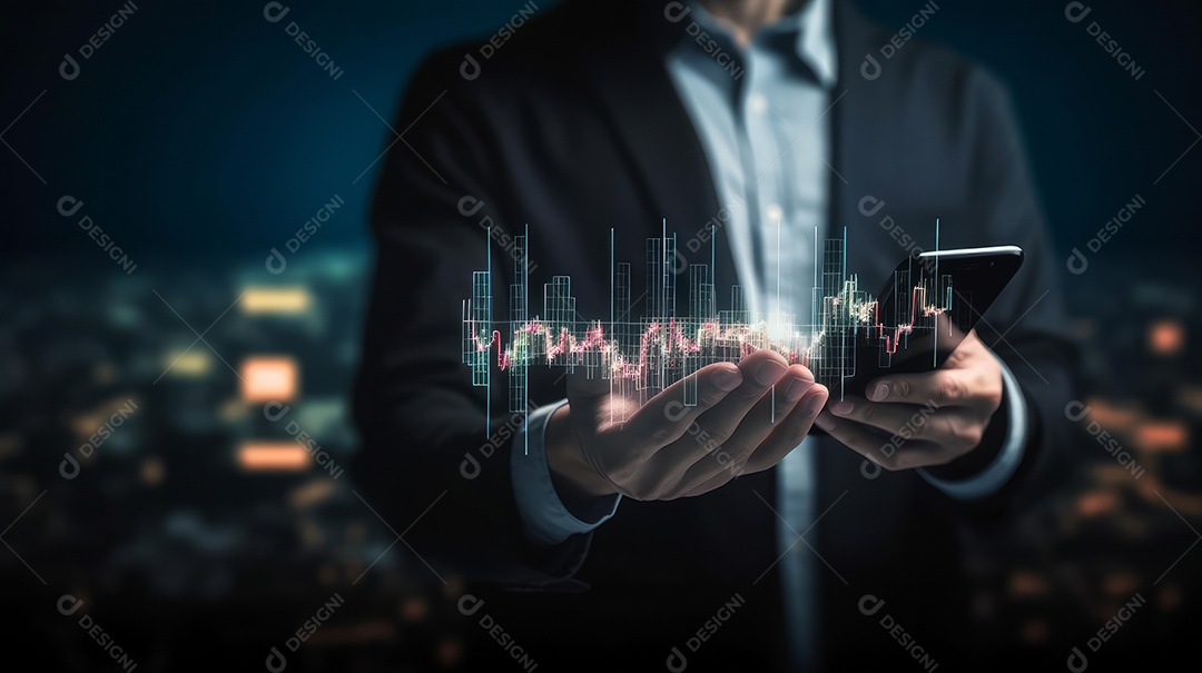 Homem segurando o smartphone na mão gráfico de ações.