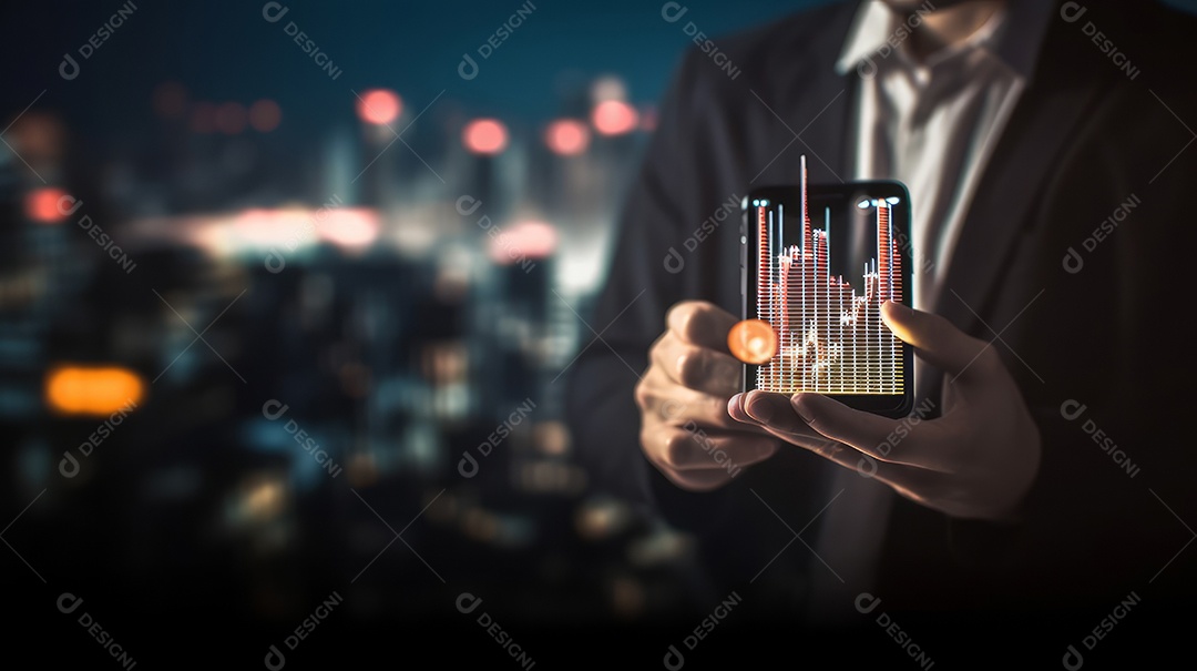 Homem segurando o smartphone na mão gráfico de ações.