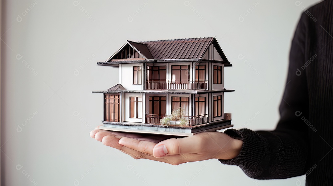 Pessoa segurando um modelo de uma casa, imóveis gerados.