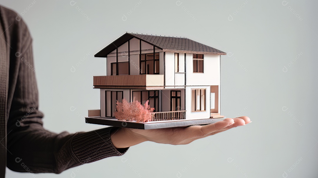 Pessoa segurando um modelo de uma casa, imóveis gerados.